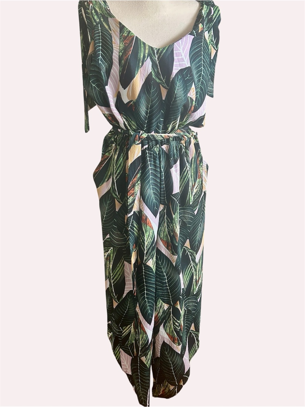 Belongsi Green Tropical Leaf Jumpsuit Belt Elastic Waist size XL